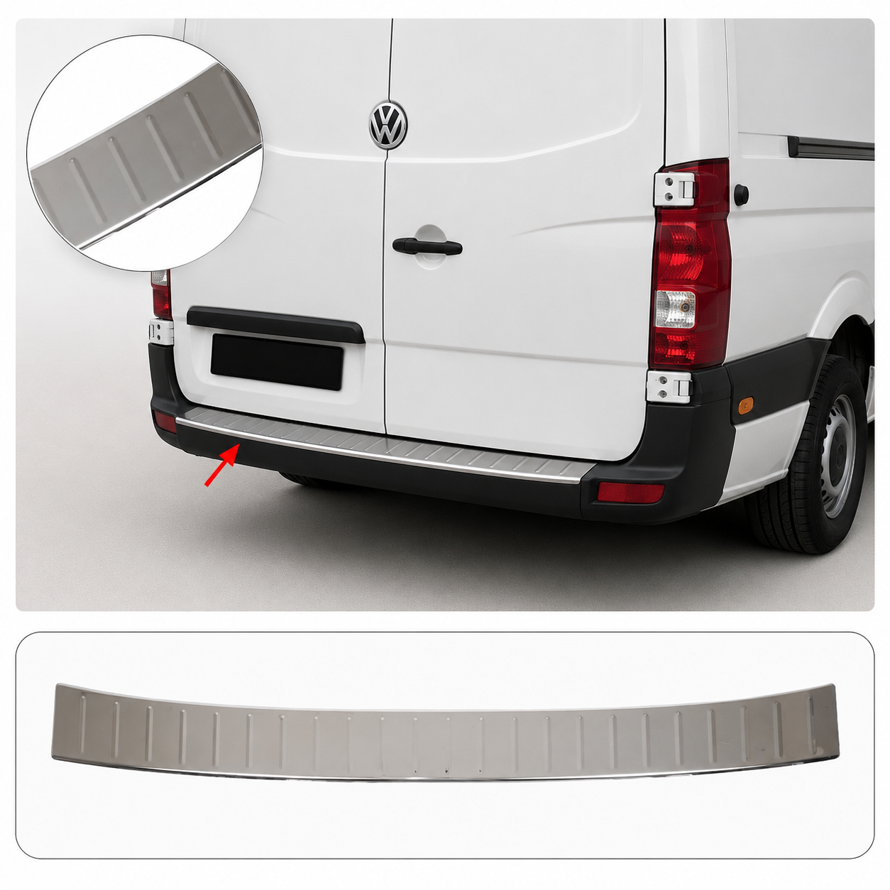 Volkswagen Crafter 2010–2017 with polished stainless steel rear bumper sill cover installed