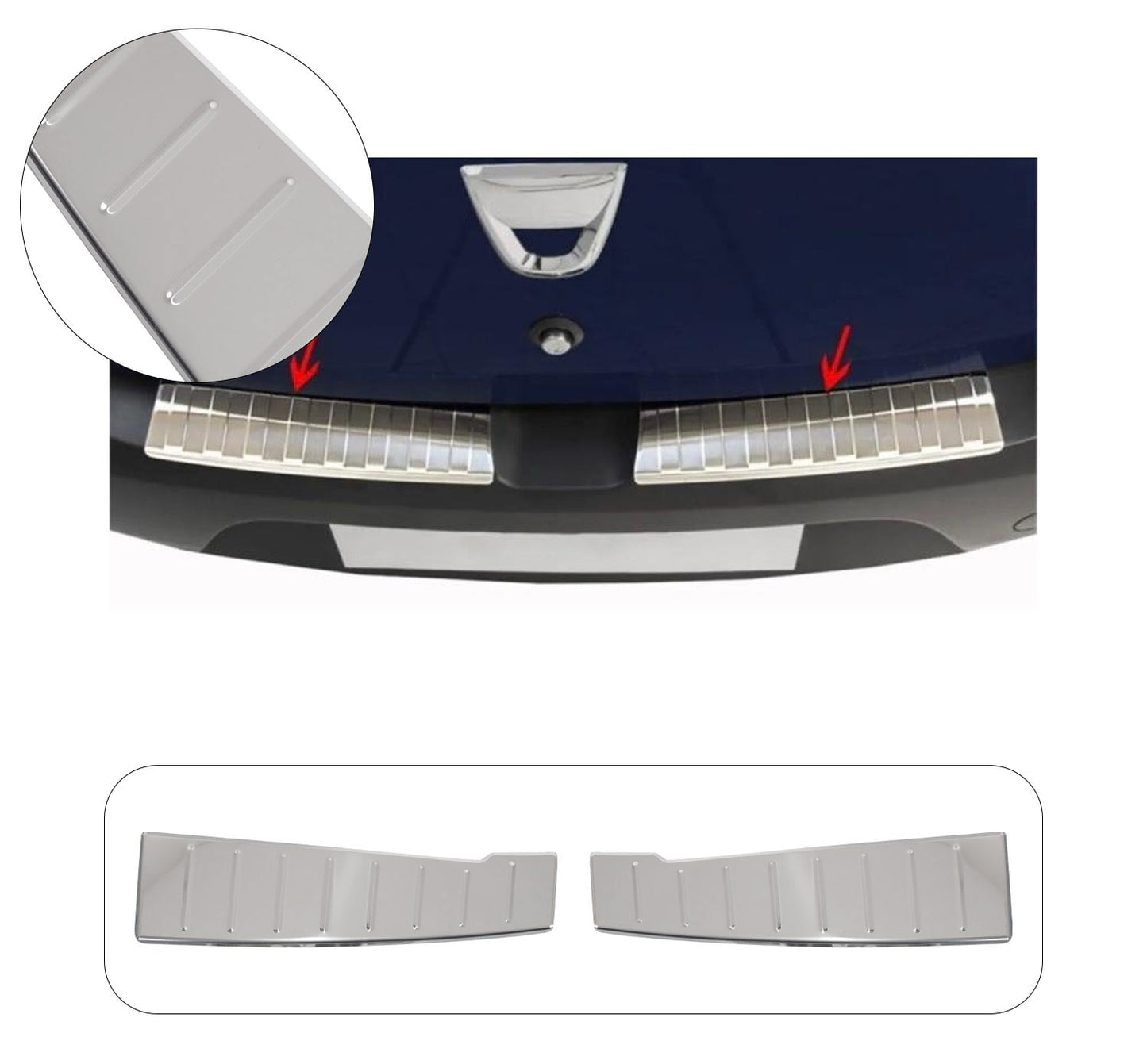 Two-piece stainless steel rear bumper sill cover installed on Dacia Sandero III