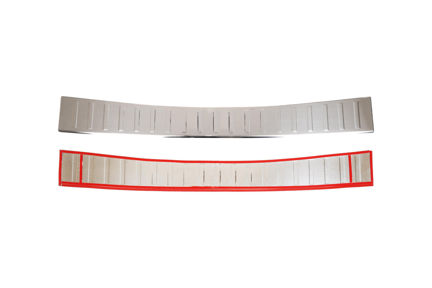 Front and adhesive backing views of Fiat Doblò stainless steel rear bumper protector