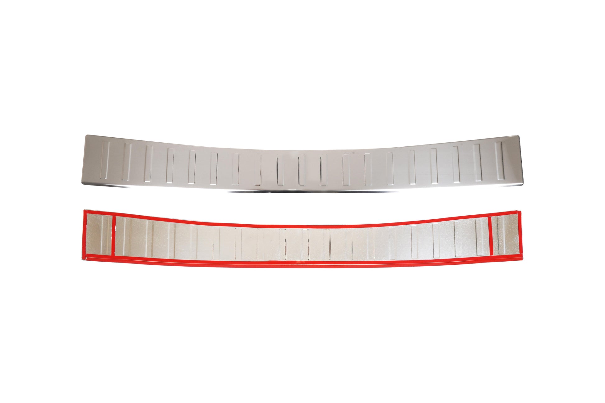 Front and adhesive backing views of Fiat Doblò stainless steel rear bumper protector