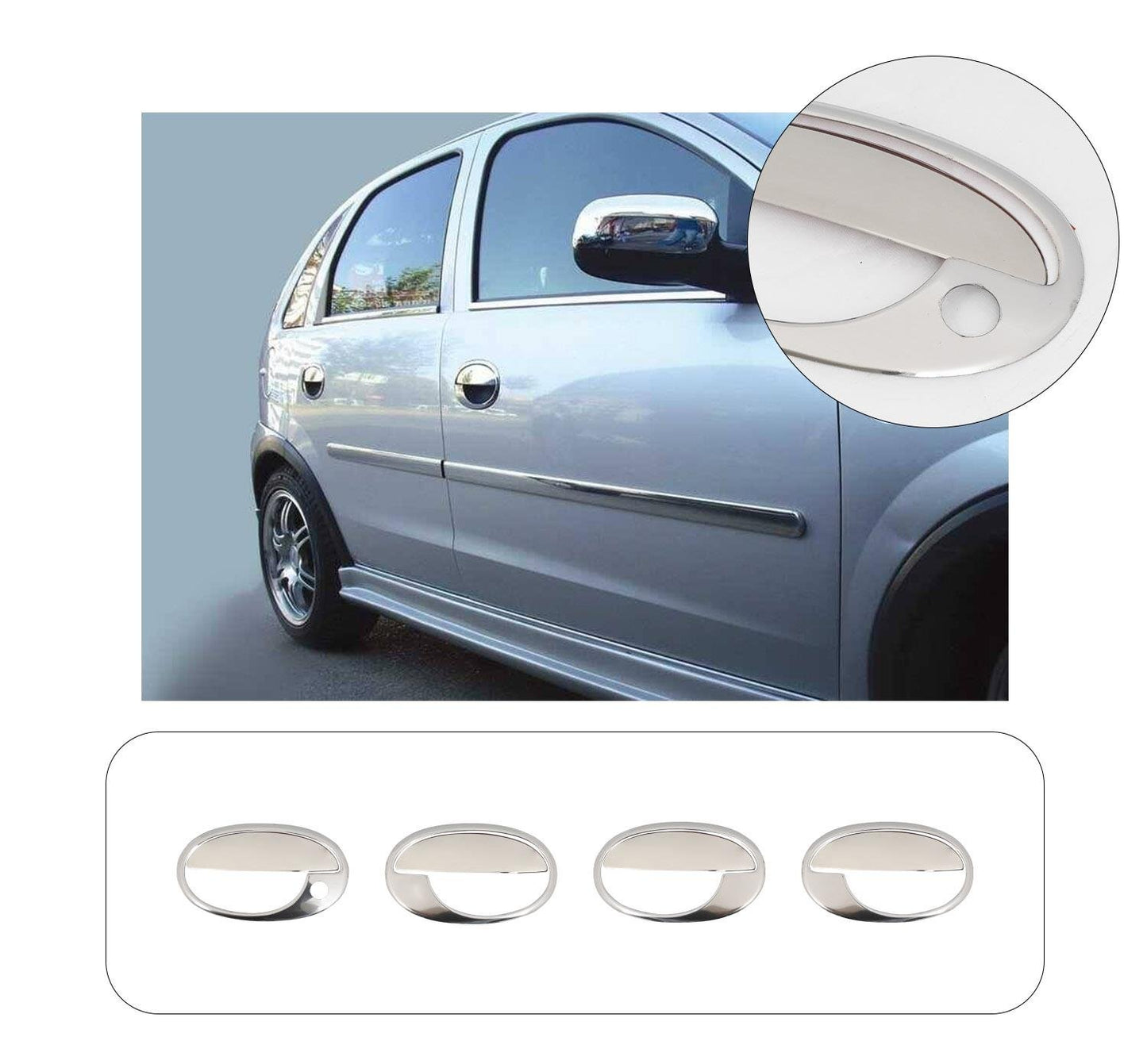 Opel Corsa C (2000-2006) Stainless Steel Chrome Door Handle Covers with Frame Surrounds - 4 Doors Full Set