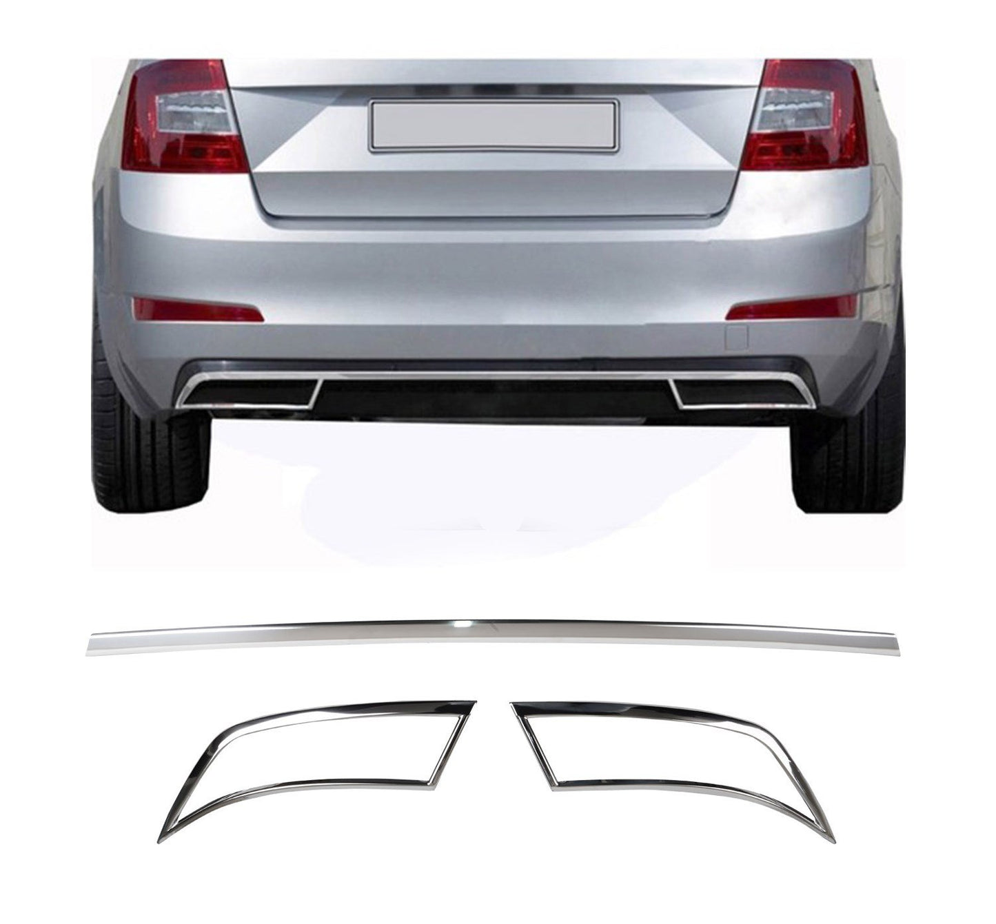 Skoda Octavia Mk3 A7 (2013-2020) Stainless Steel Chrome Rear Bumper Exhaust Frames with Center Strip Set