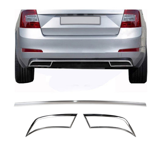 Skoda Octavia Mk3 A7 (2013-2020) Stainless Steel Chrome Rear Bumper Exhaust Frames with Center Strip Set