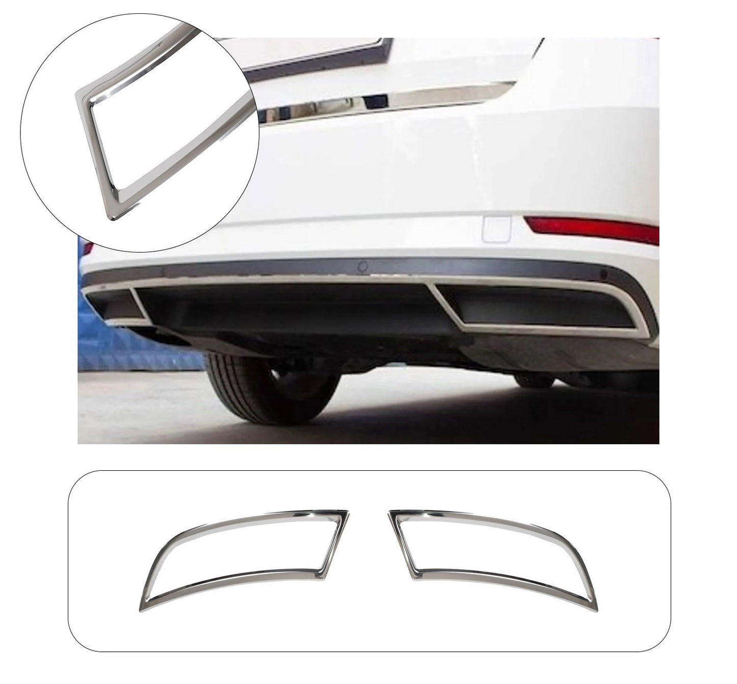 Skoda Superb Mk3 (2015-Present) Stainless Steel Chrome Rear Bumper Exhaust Frame Trims - 2 Pieces