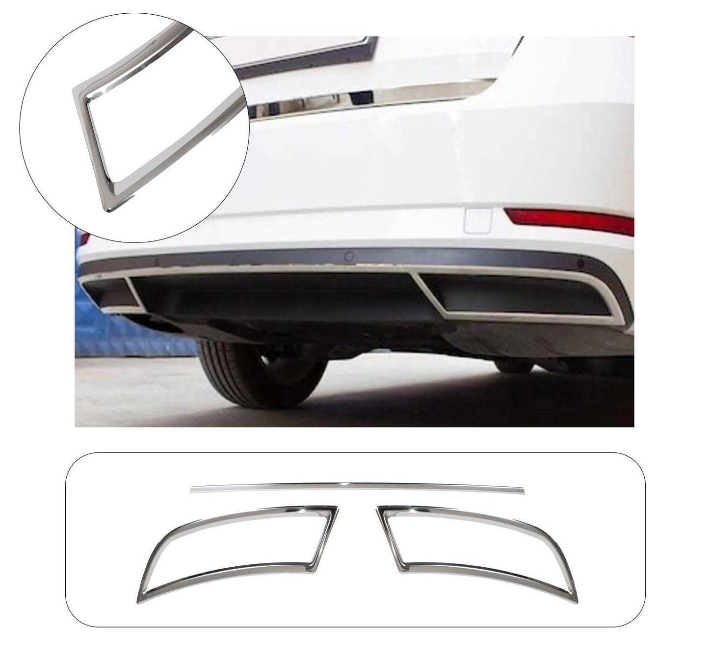 Skoda Superb Mk3 (2015-Present) Stainless Steel Chrome Rear Bumper Exhaust Frames with Center Sill Strip Set - 3 Pieces