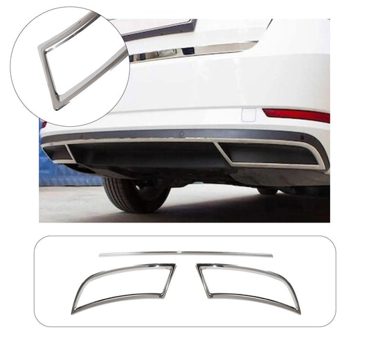 Skoda Superb Mk3 (2015-Present) Stainless Steel Chrome Rear Bumper Exhaust Frames with Center Sill Strip Set - 3 Pieces