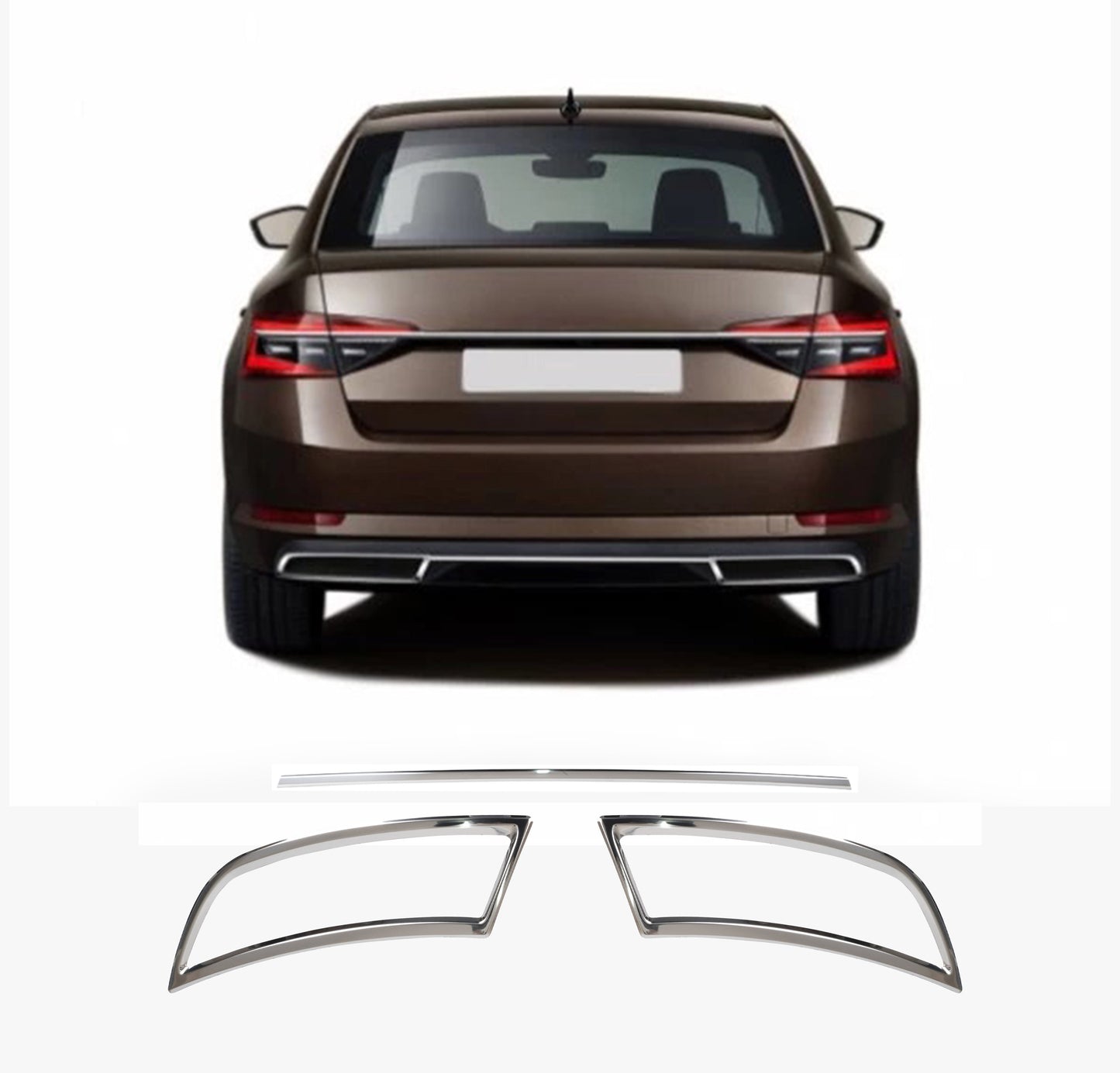 Skoda Superb Mk3 (2015-Present) Stainless Steel Chrome Rear Bumper Exhaust Frames with Center Sill Strip Set - 3 Pieces