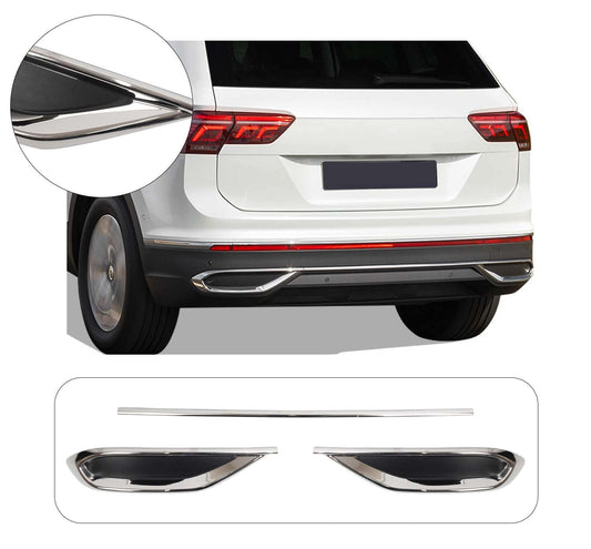 Volkswagen Tiguan Facelift (2020-2024) Stainless Steel Chrome Rear Bumper Exhaust-Look Diffuser Trims - 3 Pieces