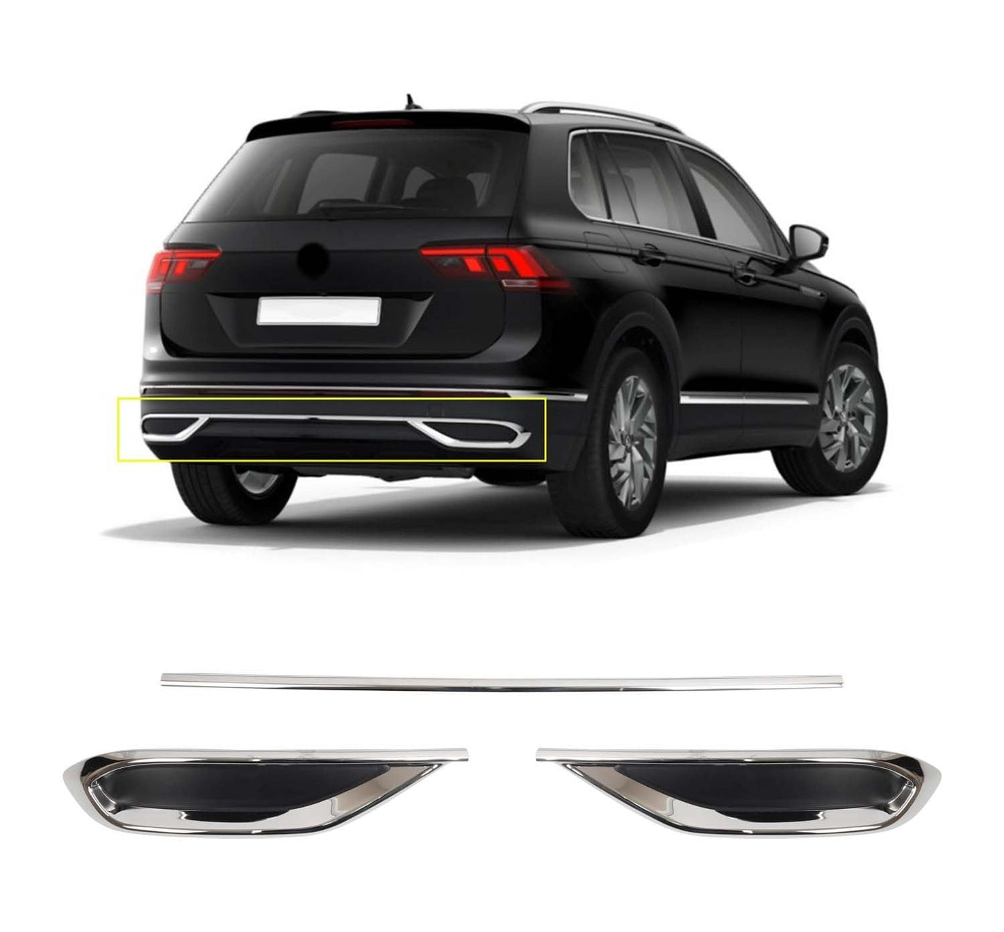 Volkswagen Tiguan Facelift (2020-2024) Stainless Steel Chrome Rear Bumper Exhaust-Look Diffuser Trims - 3 Pieces